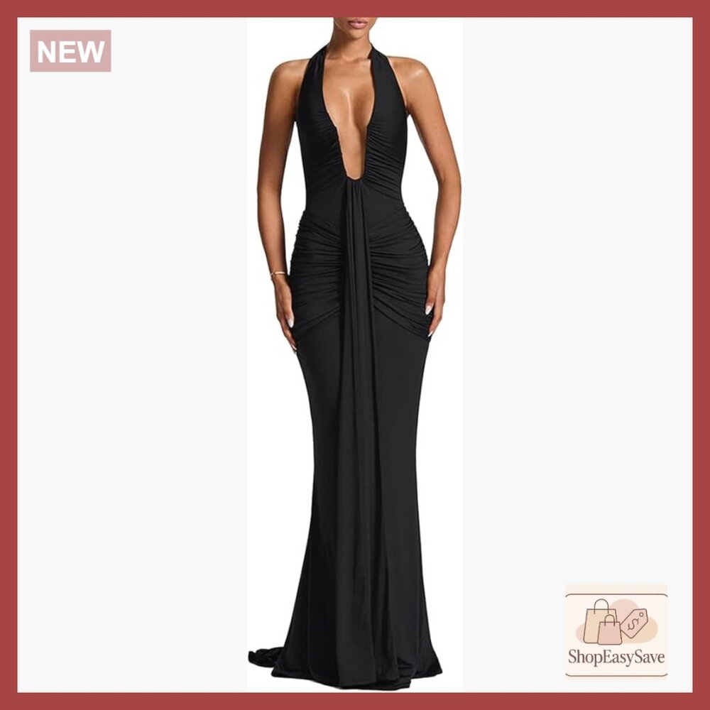 Elegant Ruched Bodycon Maxi Dress Deep V-Neck Halter Backless Formal Gown